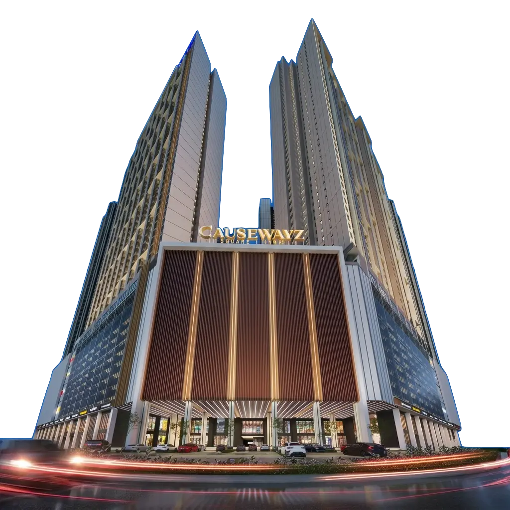 Architectural rendering of Causewayz Square luxury suites in Johor Bahru showing sky-high modern towers